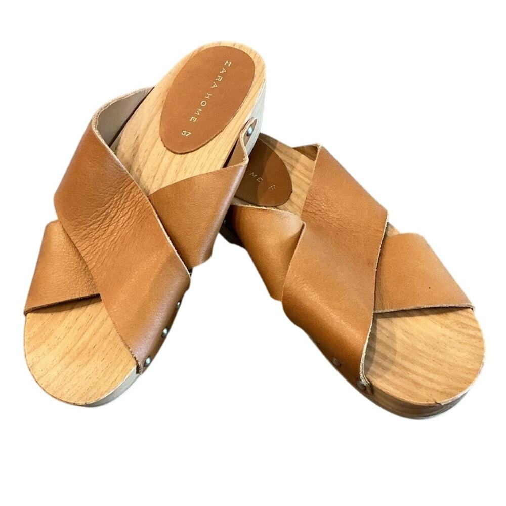 Zara Home Womens Leather Strap Wood Sandals EU 37 US‎ 6.5 Beach Preppy Boho Tan